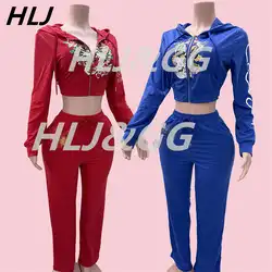 HLJ Y2K Fashion Pattern Print Two Piece Sets Women Zipper Hooded Long Sleeve Crop Top And Pants Outfits Autumn New 2pcs Clothing