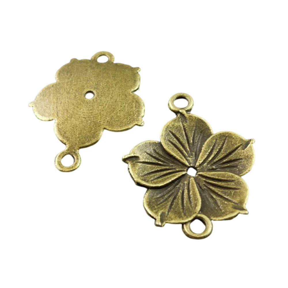 50pcs/pack Women Antique Bronze Tone Flowers Necklace Pendants Bracelet Connector 26*21*2mm Charms Jewelry Findings Crafts 35404