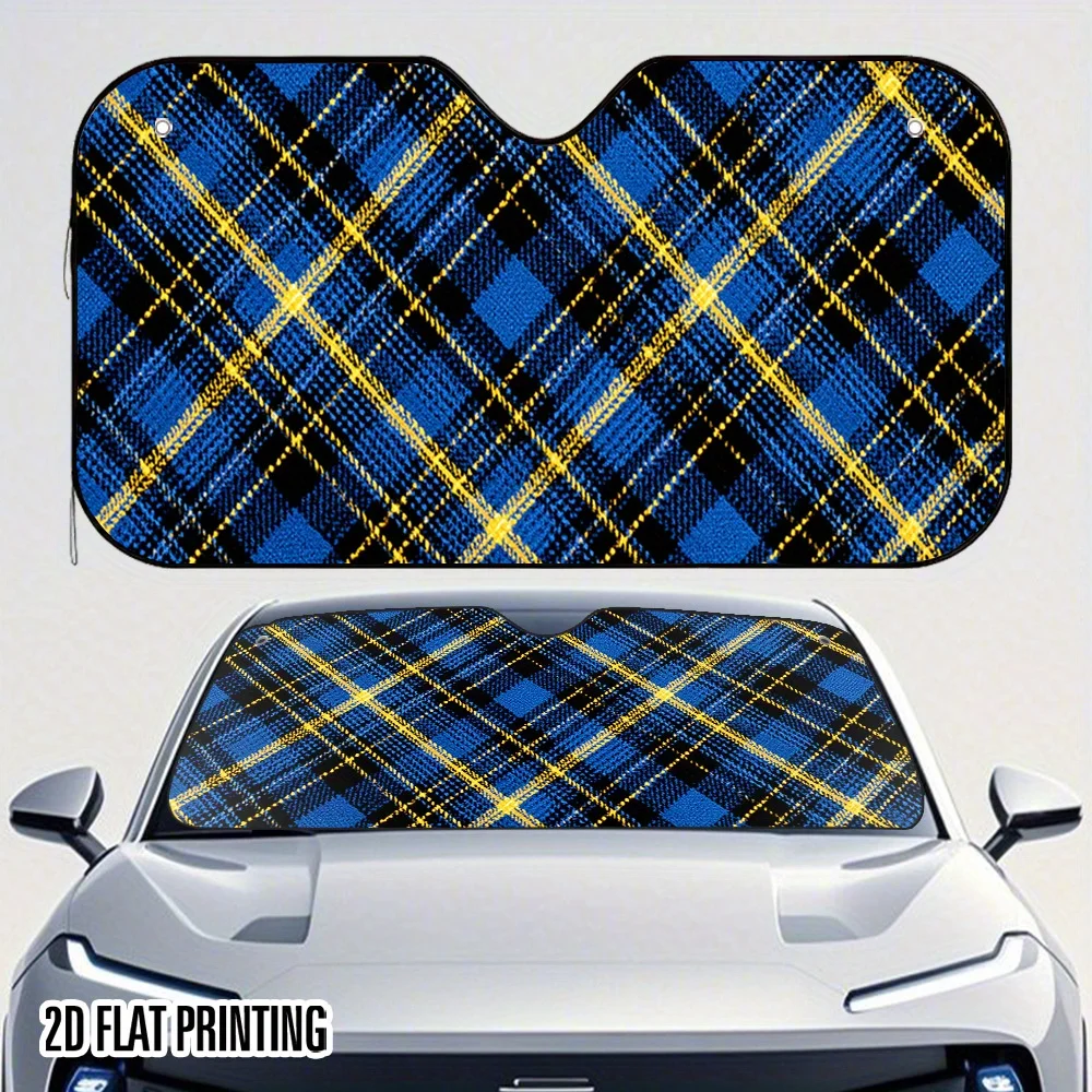 Blue and Yellow Check Print Universal Car Windshield Sunshade Stylish Effective Front Window Sun Visor Includes 4 Suction Cups