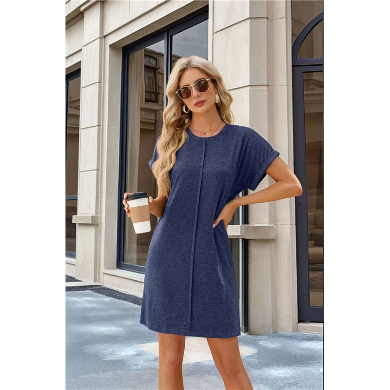A09P 여성 여름 티셔츠 드레스 캐주얼 캡 슬리브 크루넥 루즈핏 미니 원피스
