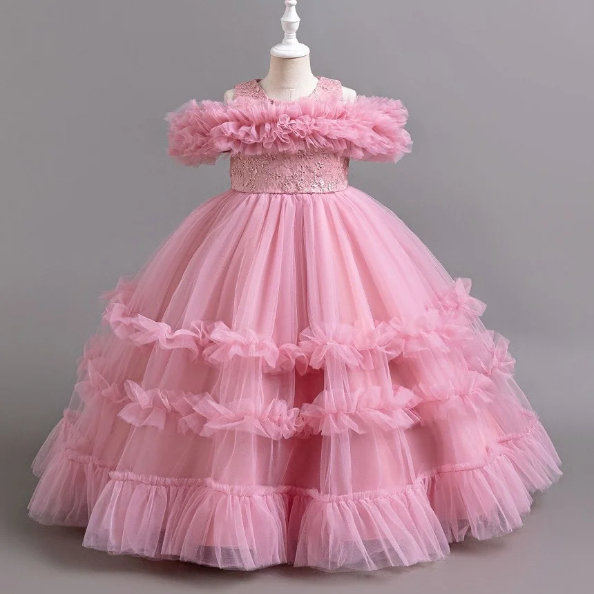 Girls strapless princess dress 4-12 years old fashionable embroidered bow mesh long dress carnival birthday wedding evening dres