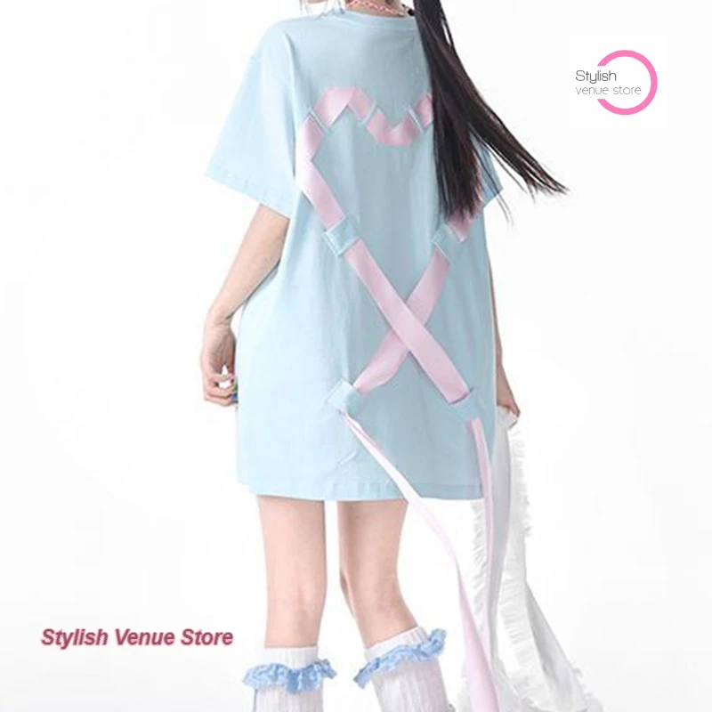 

Japanese college style dopamine love bandage cotton shoulder short sleeve T-shirt women's summer new loose slim half sleeve top