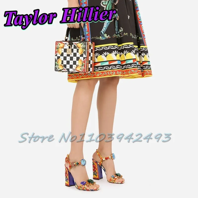 

Floral Gem Heeled Sandals Open Toe Heels Women Luxury Designer Shoes Summer Classic Sandalias De Mujer Buckle Strap Bohemia New