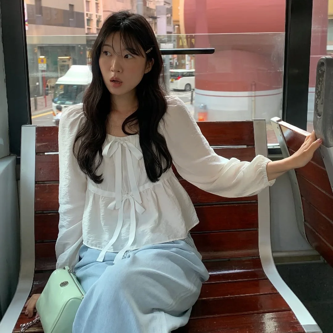 

Ele Sweet Knot Bubble Sve Casual irt Women's Loose Fit Long Sve Top Chinese Sle Autumn Faion