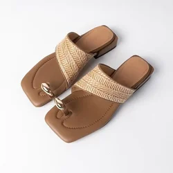 Square Head Breathable Straw Woven Metal Set Toe Thick with A Flip-flops Summer New Soft Bottom Sandals