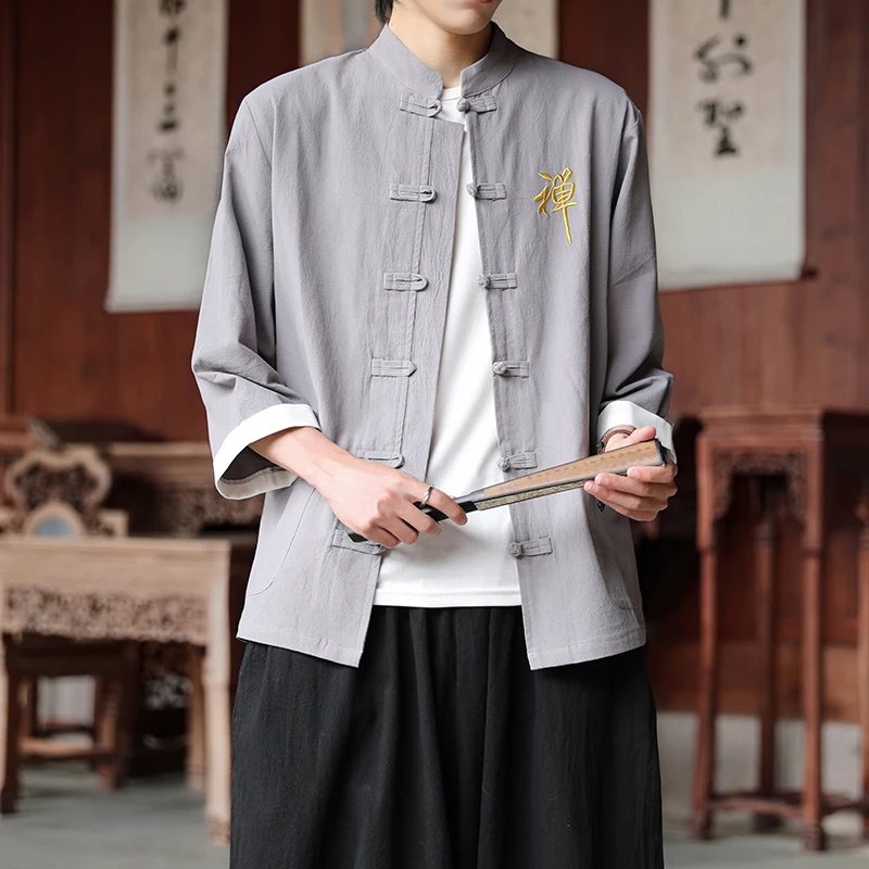 Elegant Chinese Style Frog Clasp Shirt with Zen Calligraphy Embroidery | 2025 New Arrival Boho Chic Men's Women's Top Plus Size