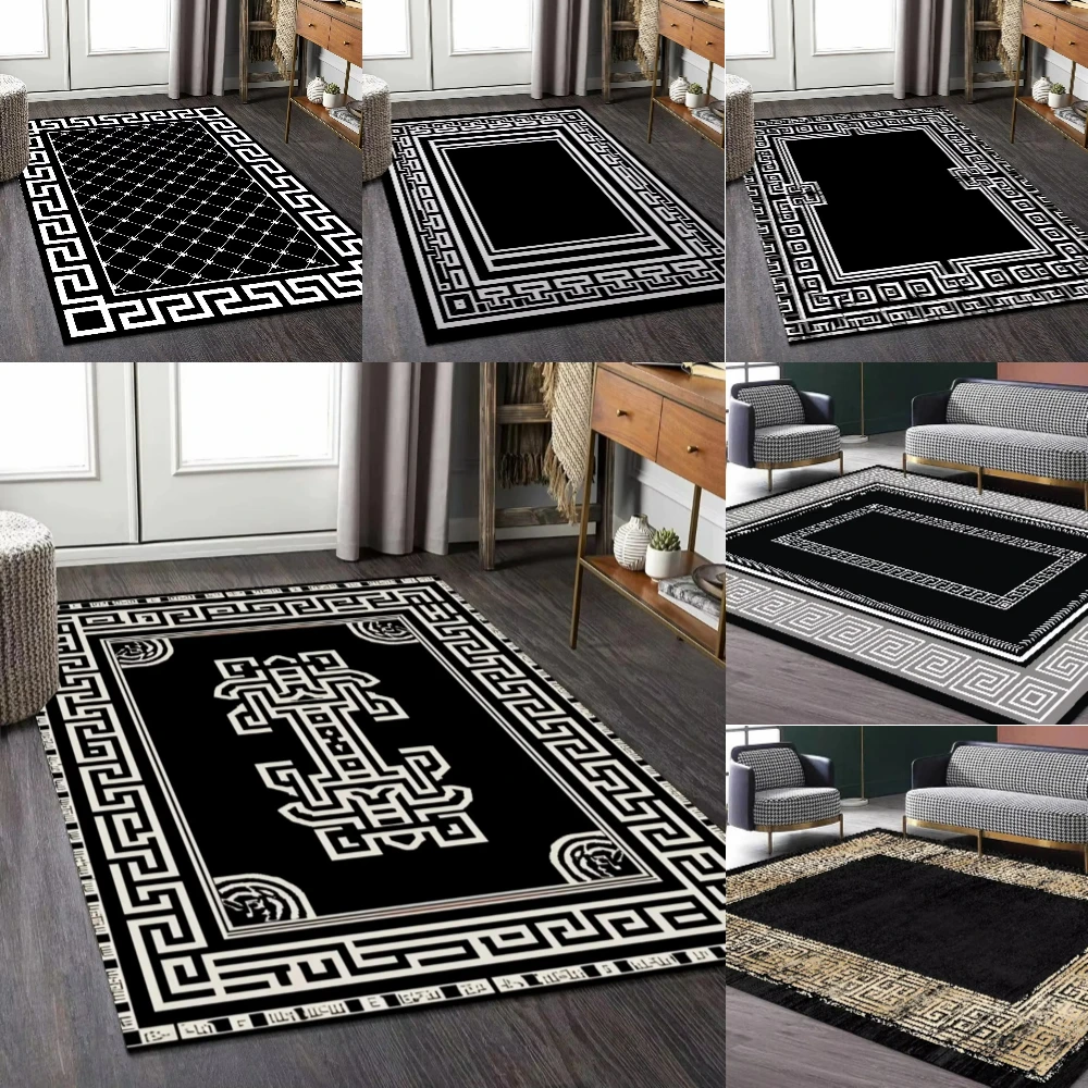 

Modern Black White NonSlip Geometric Rug Luxury Carpet for Lounge Soft Living Room Floor Mat Home Bedroom Cloakroom Decor