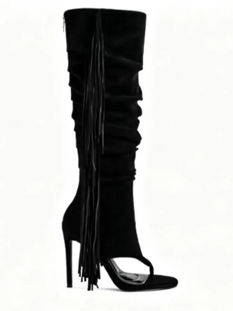Camel Black Solid Suede Pleated Tassel Clip Toe Knee High Boots Elegant Women Thin Heels Tube Slip On Flip Flop Sandals Boots