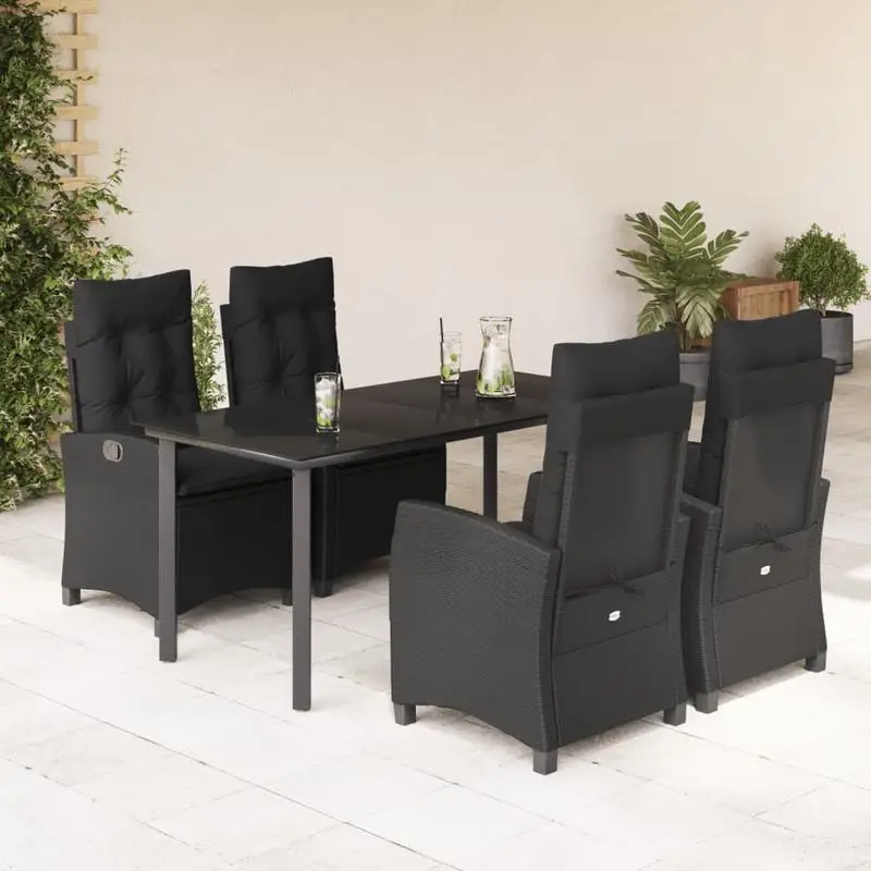 Ensemble de salle à manger de jardin 5 pièces avec coussins, en polyrotin noir