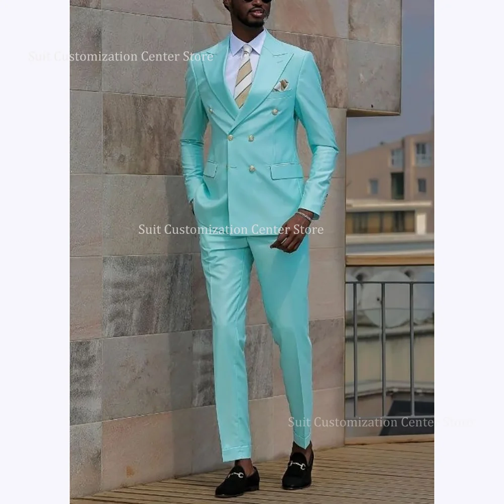

Solid Color Double Breasted Suits For Men Fashoin Peak Lapel Slim Fit 2 Piece Formal Evening Party Business Outfits Jacket Pants