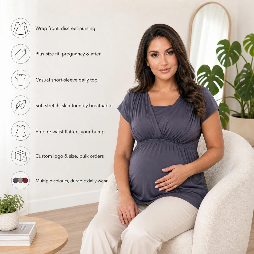 Stretchy Modal Nursing Maternity Blouse, V Neck Cross Over Opening Short Sleeve Pleated Loose Top For Breastfeeding Moms
