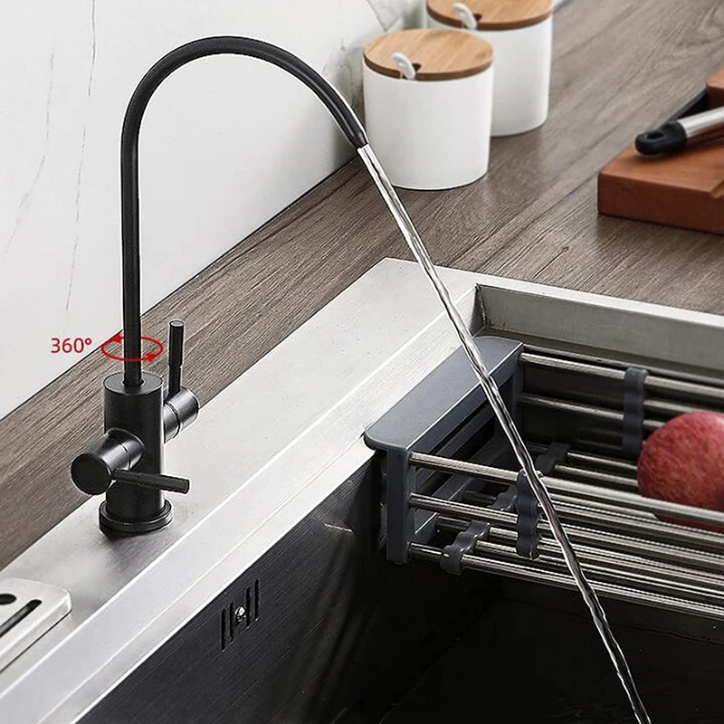 1/4\'\' Drinking Water Filter Kitchen Faucet Stainless Steel Double Holes Water Purifier Tap Reverse Osmosis RO Faucet 360° Swivel