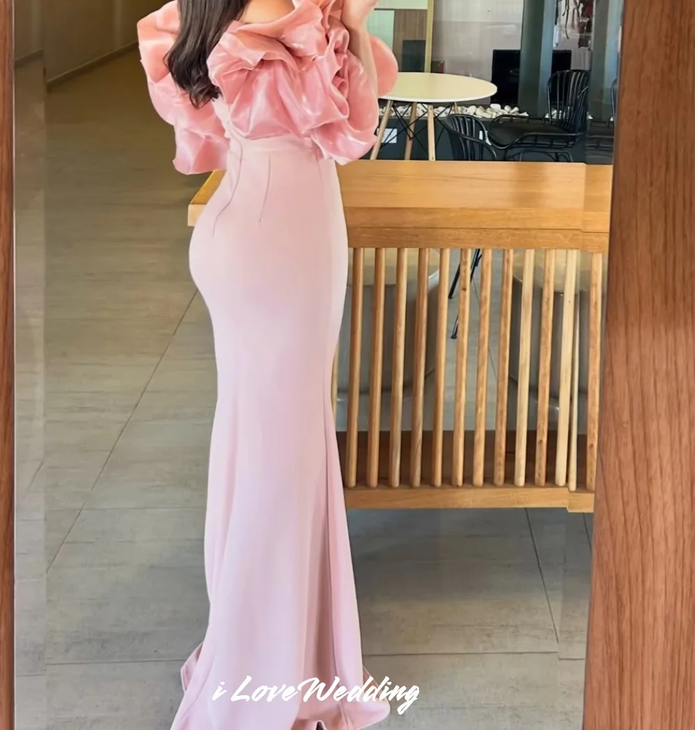 Rosa puff manga vestidos de baile sem alças sereia vestido de noite elegante vestido de festa de casamento ruched babados volta zíper personalizado