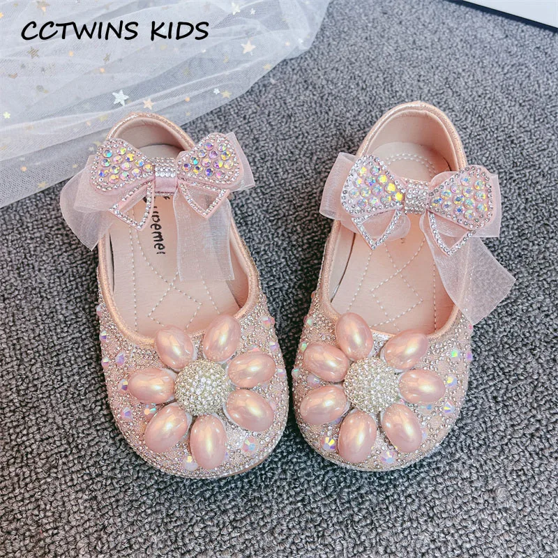 

Girls Princess Shoes 2023 Spring Kids Fashion Brand Mary Jane Dress Dance Party Ballet Flats Pearl Bow Children Pink Soft Sole