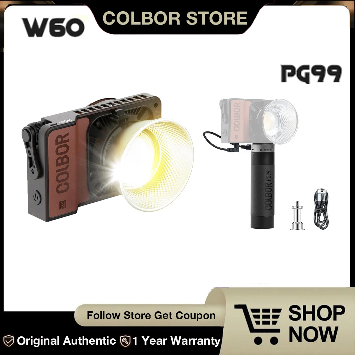 COLBOR W60 60W 2700K-6500K Bi-Color LED Video Light Portable Pocket Monolight with PG99 Power Grip Kit for Outdoor Shooting