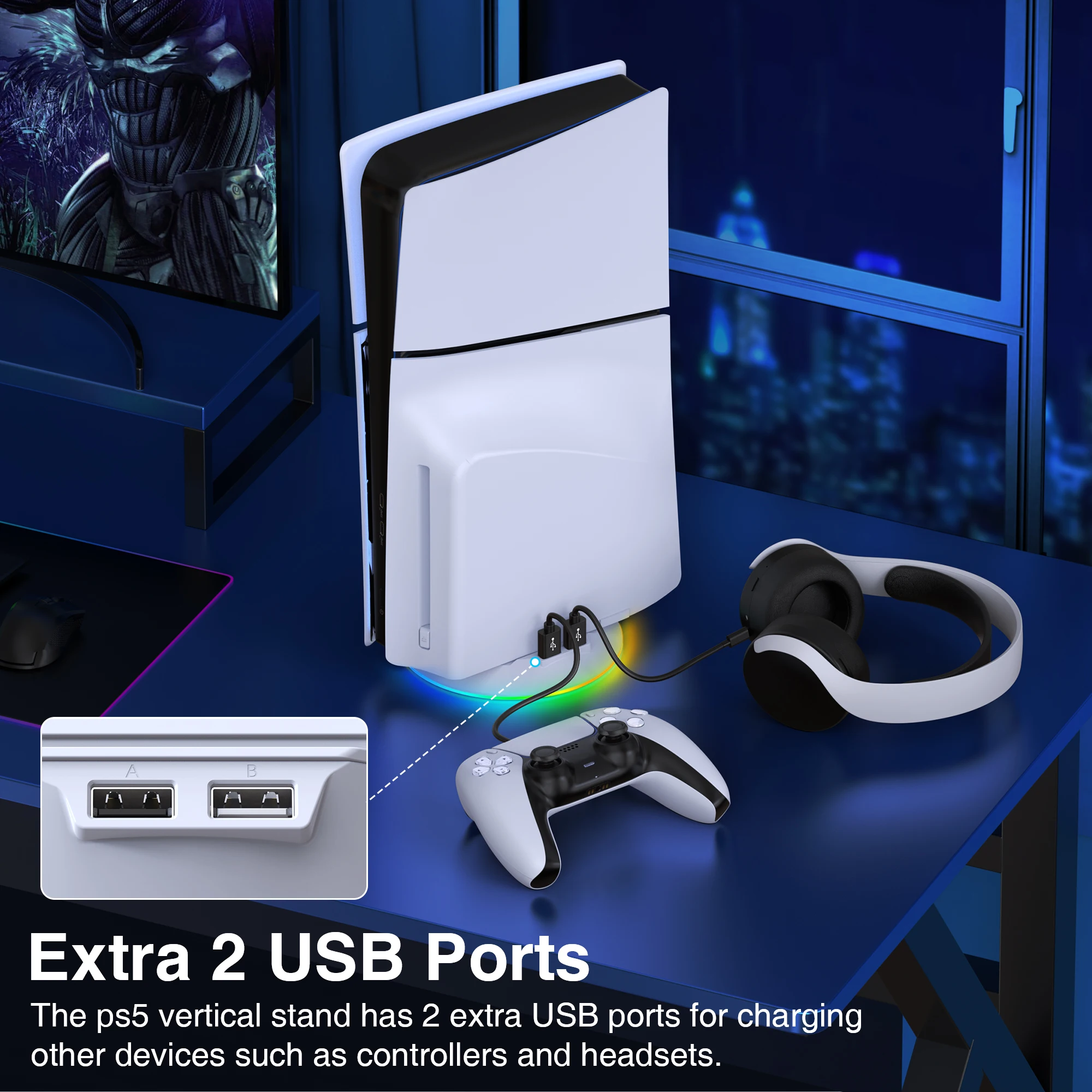 BEBONCOOL X1000 For PS5 Slim Vertical Stand with Charging Cable For PS5 Slim Vertical Station Small Space Base view 5