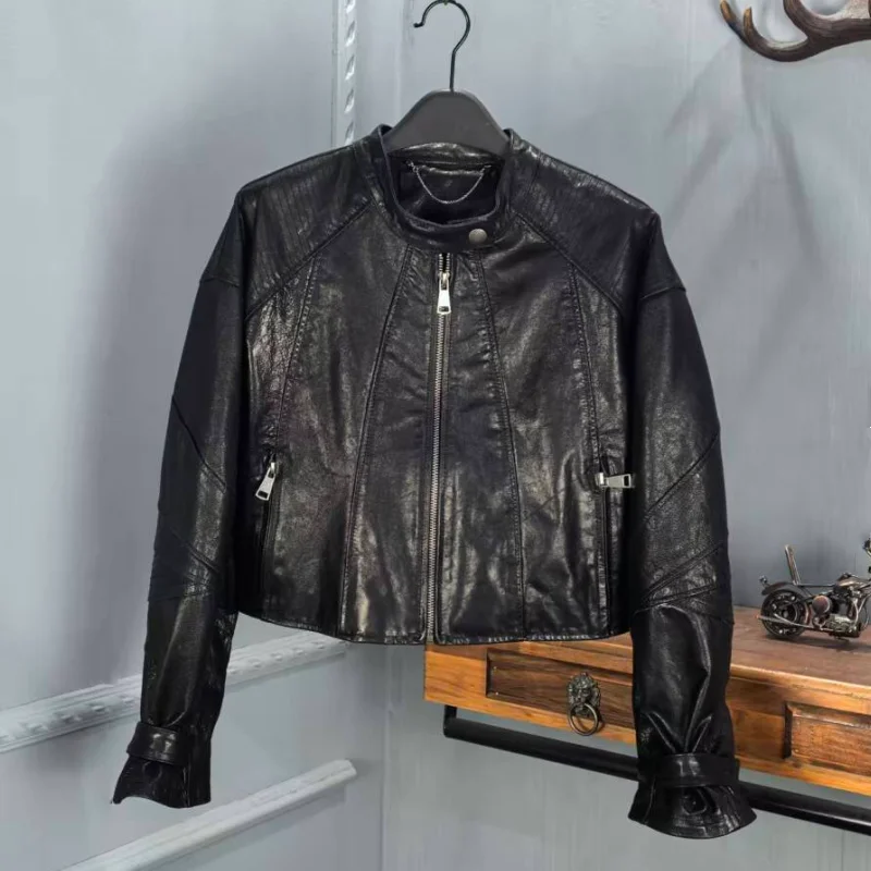 

Spring 2026 Women's ort Leather Jaet Motorcycle Sle Stand Collar Small Size Outerwear Genuine Cowhide Oil Wax Zipper