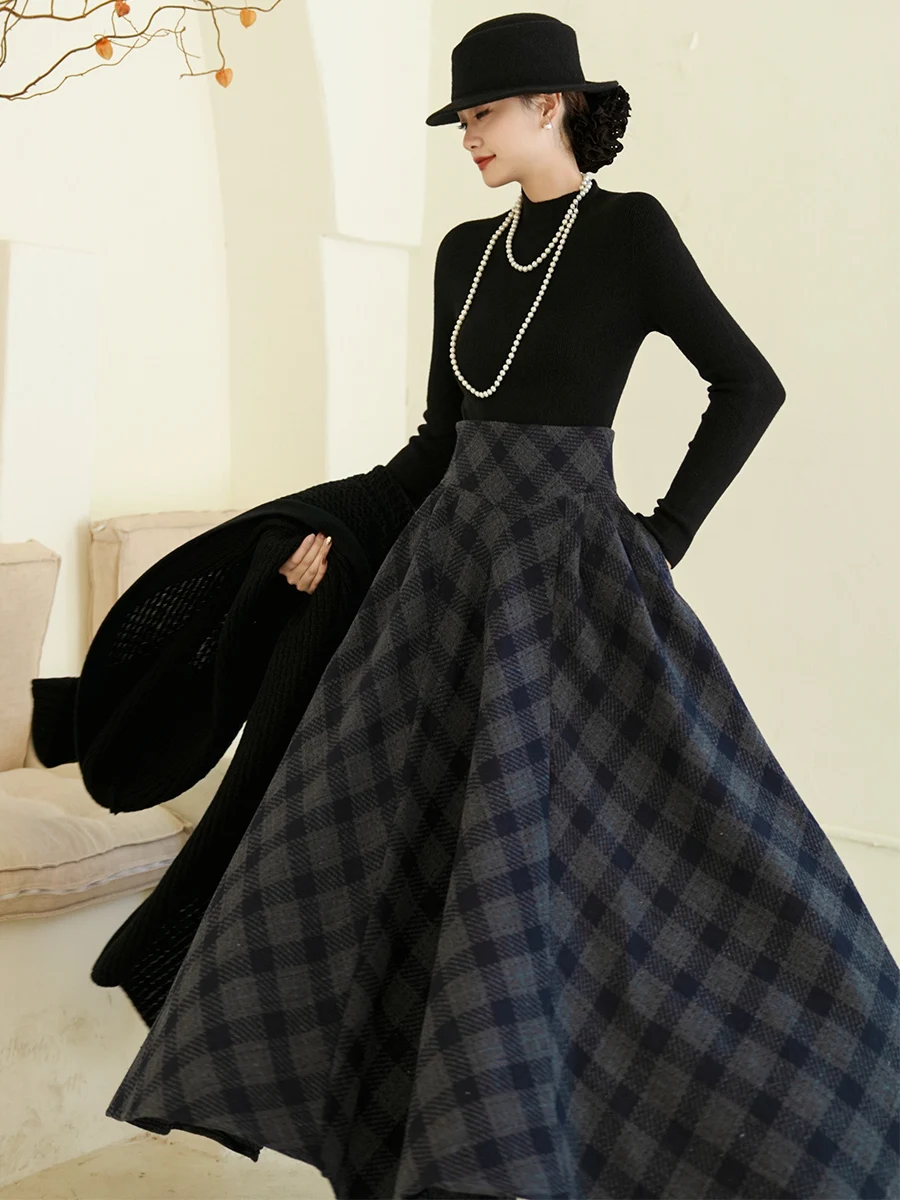 TIYIHAILEY High Waist Long Maxi Plaid Wool Skirts Blue Thick Warm Winter Big Hem 2025 New A-Line Skirts With Pockets Zipper