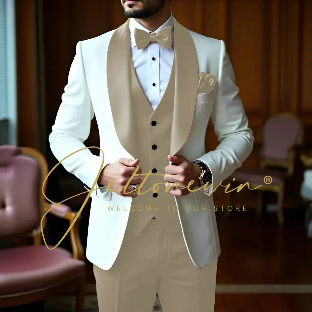 Trajes blancos De 3 piezas para Hombre, chal ajustado con solapa, ropa Formal para padrino De boda, conjuntos con americana, esmoquin para fiesta, Trajes De Hombre
