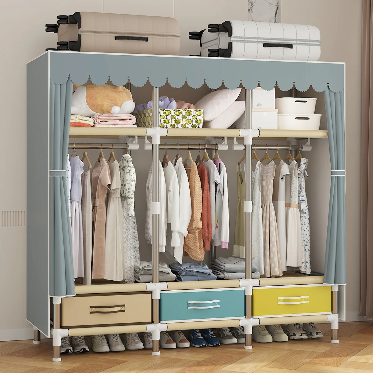 Home bedroom rental room wardrobe; Steel pipes are sturdy and durable; Large capacity clothing storage simple wardrobe