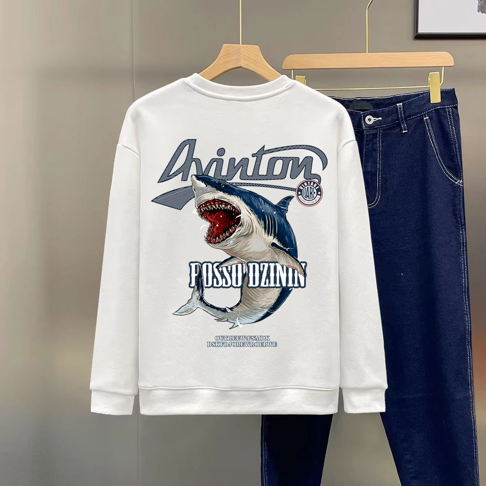 Autumn Men's Cotton Sweatshirt American Cool Long Sleeve T-shirts High Quality White O-neck Shark Printed Top Men Clothing New