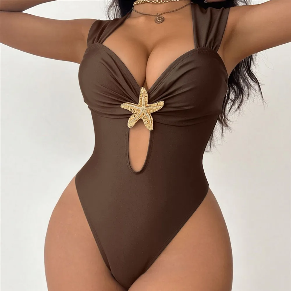 Metal Starfish Ornament Solid Brown Swimwear One Piece Sexy Swimsuit Woman 2026 Front Hollow Out Monokini Swimming Suit Wear