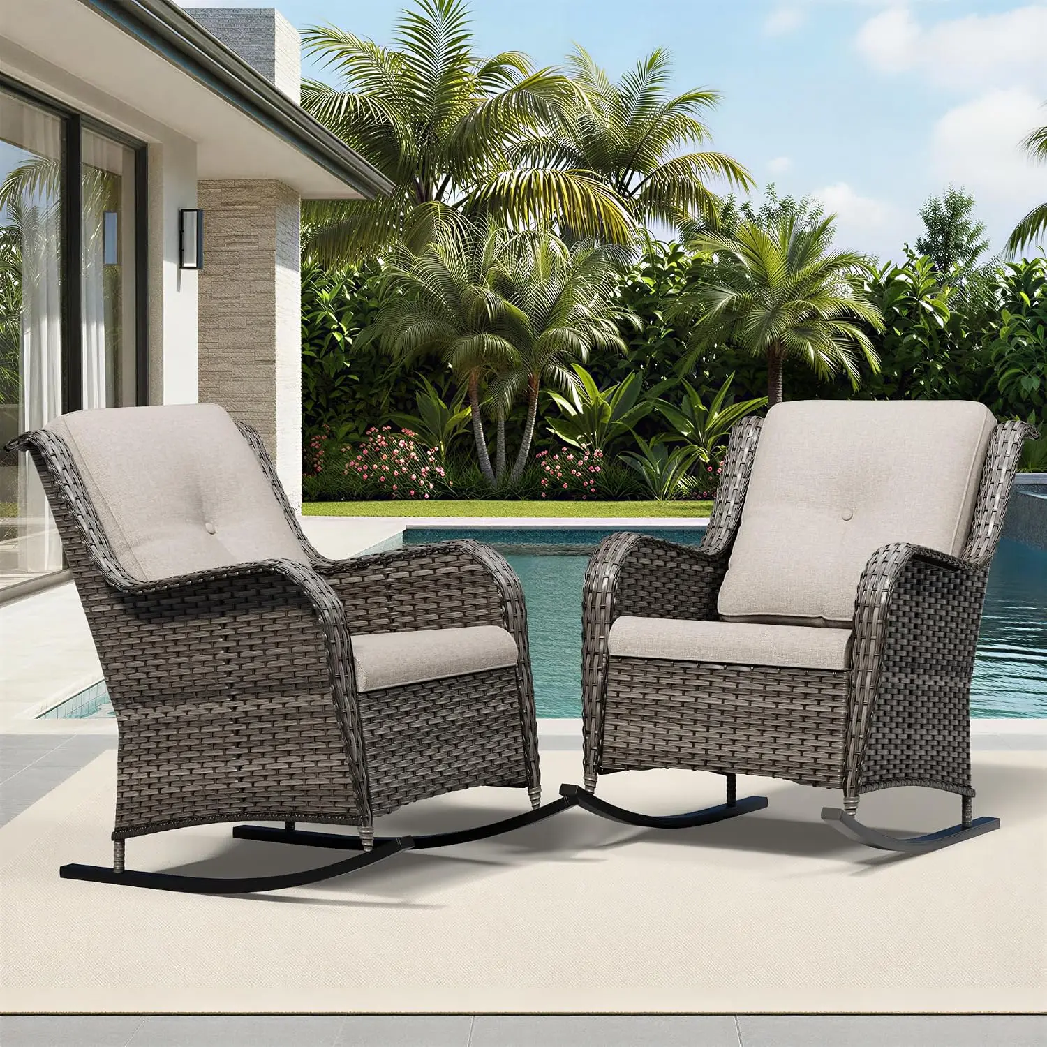 Wicker Rocking Chair Set 2, High Back Deep Seat Wide Armrest Thick Cushion, Outdoor Patio Deck Porch Furniture, Customized