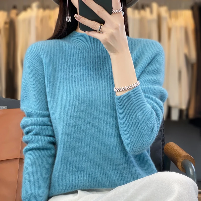 

100% merino sweater women's semi-high neck pullover loose knit bottoming shirt autumn and winter long-sleeved women's coat