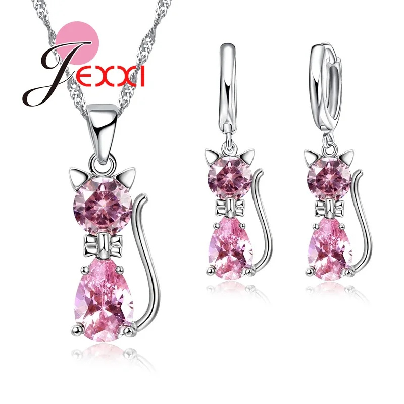 Women Jewellery Sets Genuine 925 Sterling Silver Cubic Zirconia Cat Cute Necklace Pendant+Leverback Earrings Hot Selling
