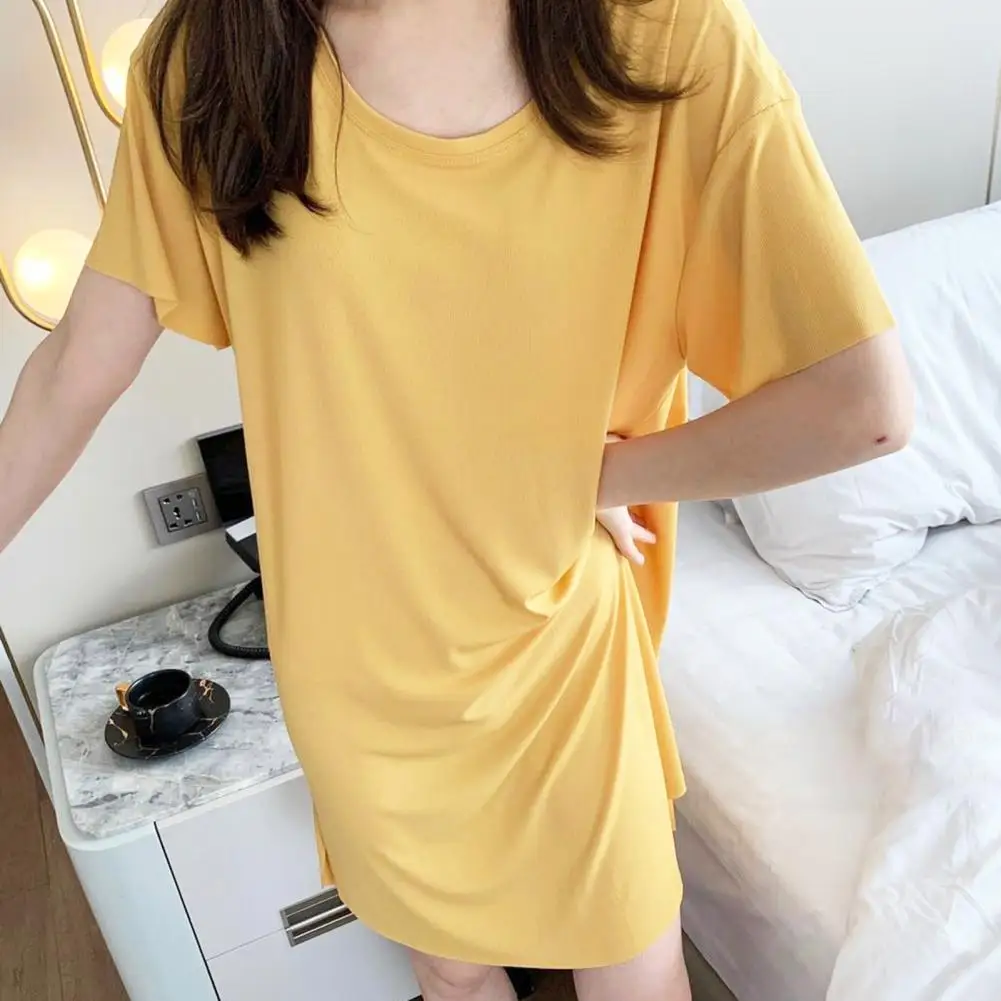 Loose Fit Summer Dress Elegant Knee-length Nightdress for Women Soft Ice Silk Pajamas with Short Sleeves Homewear Dress Solid