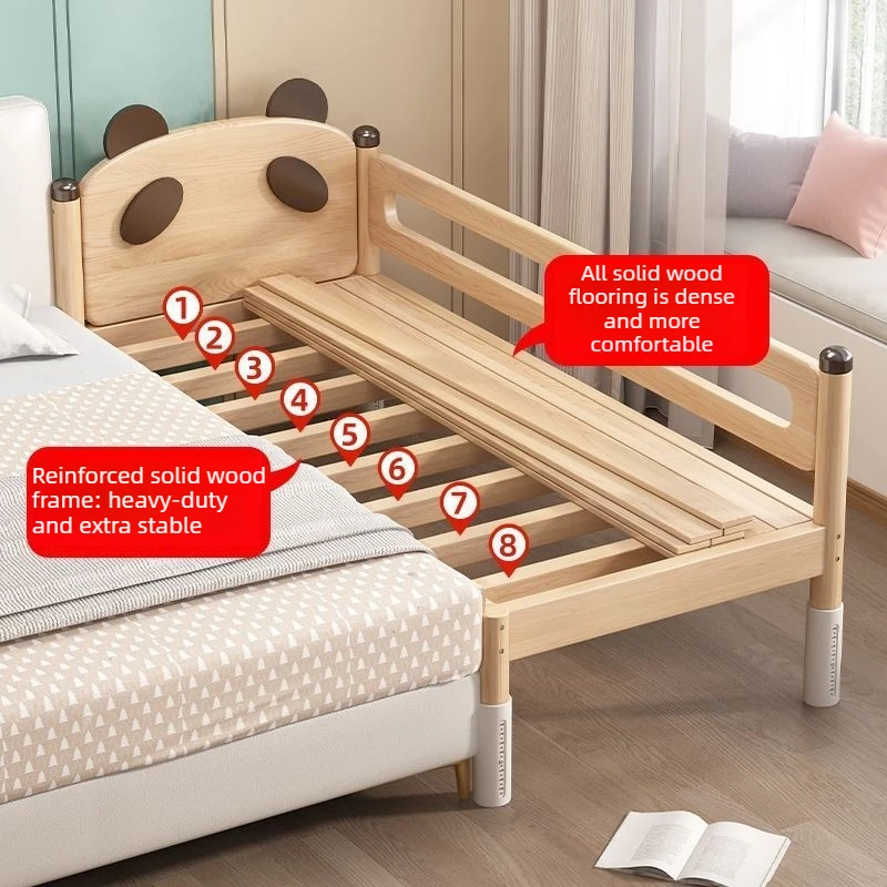 Solid Wood Kids Bedside Splicing Bed with Guardrail Toddler Bed Frame Height Adjustable with Mattress for Boys Girls