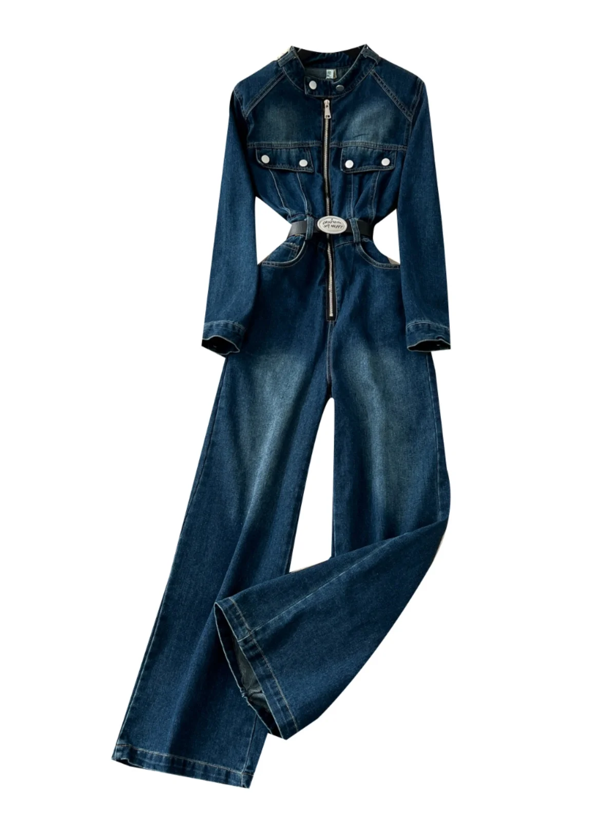 ريترو هونج كونج Sle عالية الخصر قطعة واحدة الجينز المرأة الخريف التخسيس مستقيم الساق عادية سستة عالية طوق Rer #5