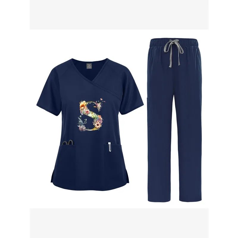 맞춤 프린트 스크럽 세트 여성용 타이백 반팔 바지 얇고 빠르게 마르는 뷰티 살롱 산부인과 간호사 작업복