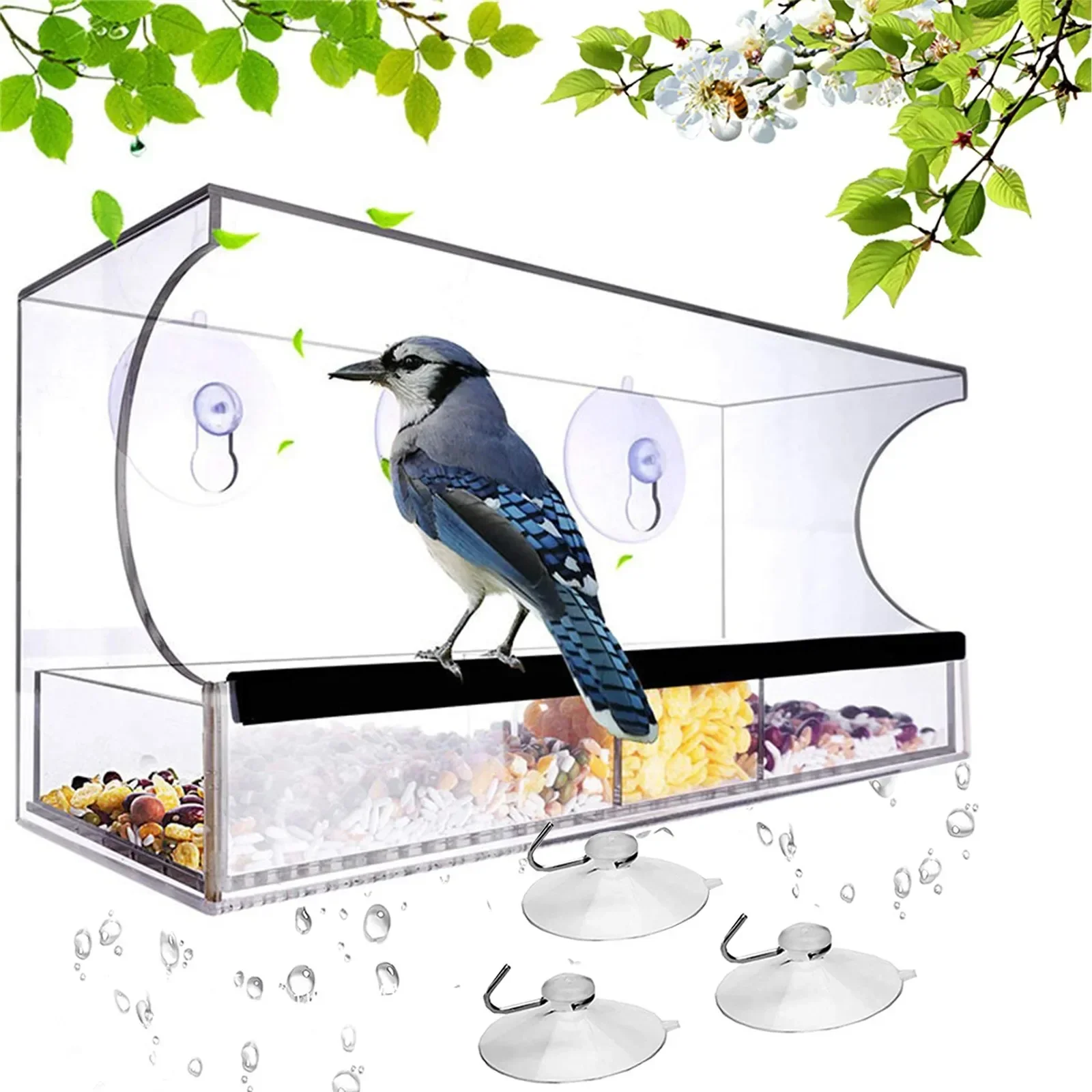 

Window Hanging Bird Feeder Extended Roof Sliding Feeding Tray Drainage Device