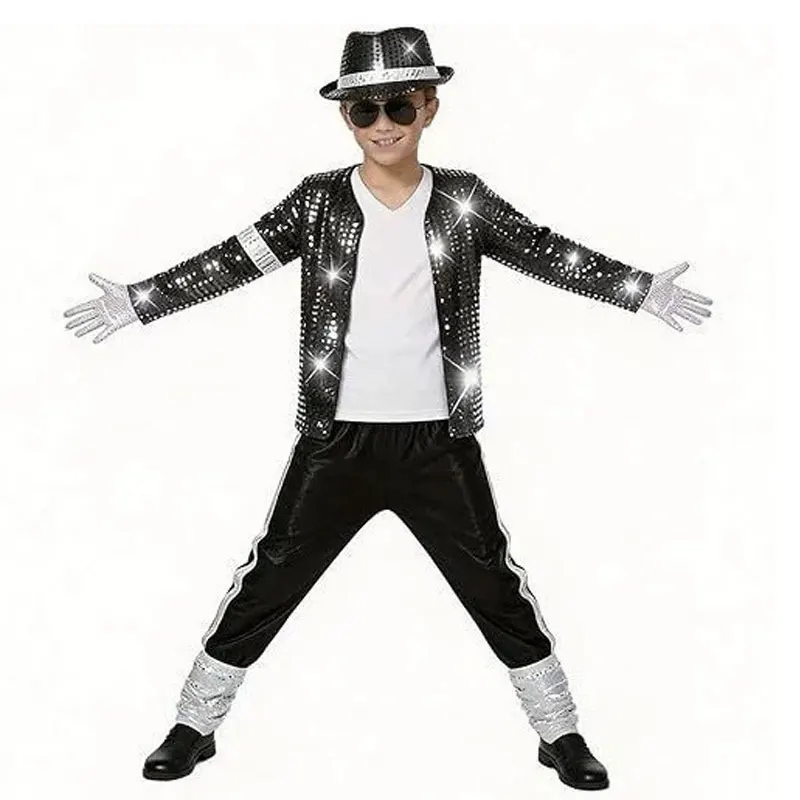 Kids Michael Jackson Costume Black Sequin Jacket Pants Hat Gloves Set Boys Pop Star Stage Halloween Carnival Cosplay Outfit