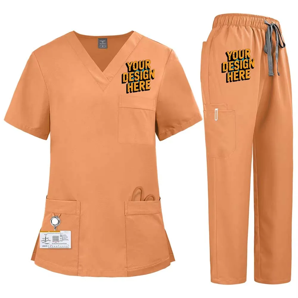 Nueva ropa elástica de secado rápido para lavar las manos para hombres y mujeres, traje de médico y enfermera de talla grande, conjunto de dos piezas con logotipo personalizado gratis