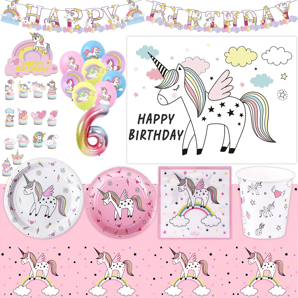 

Cute Cartoon Dreamy Unicorn Birthday Party Decoration Supplies Disposable Cutlery Suit Number Balloon Background Baby Shower