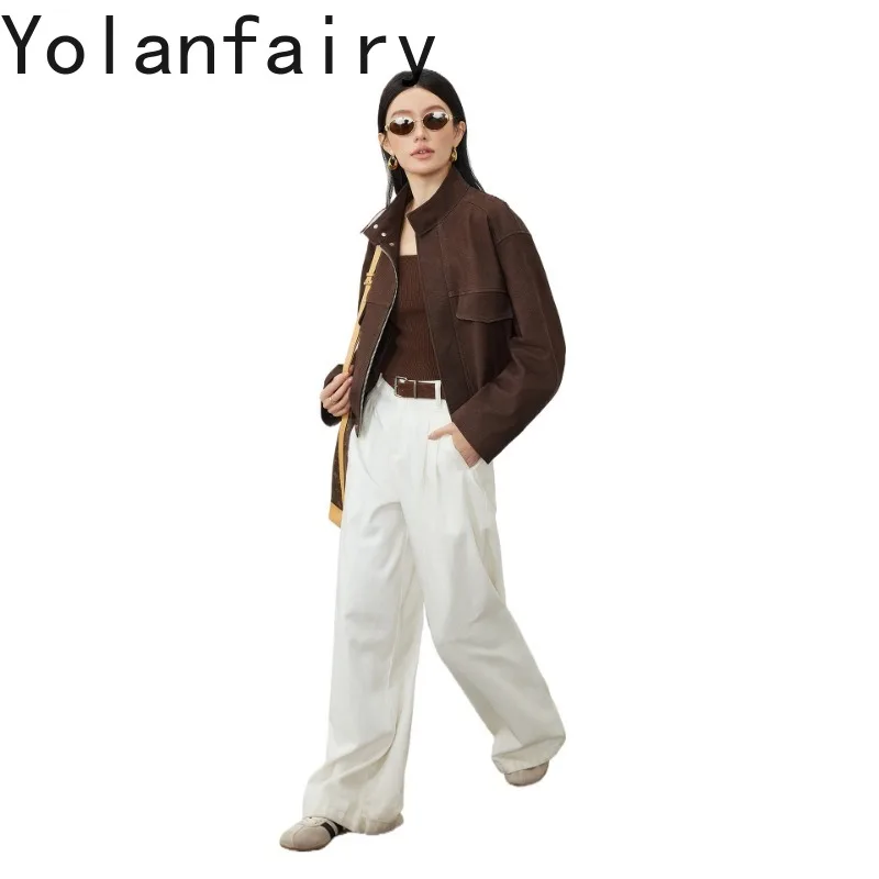 YOLANFAIRY Genuine Leather Jacket Women High Quality 100% Top Layer Sheepskin Real Leather Coat Woman Clothing Stand-up Collar
