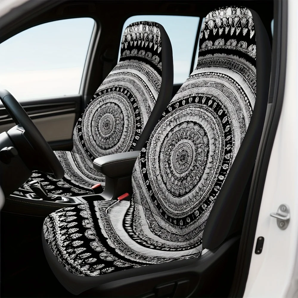 2pcs, Car Seat Covers Mandala Circular Black White Themed, Comfortable And Washable, Universal Fit For Front Seats Of Cars And T