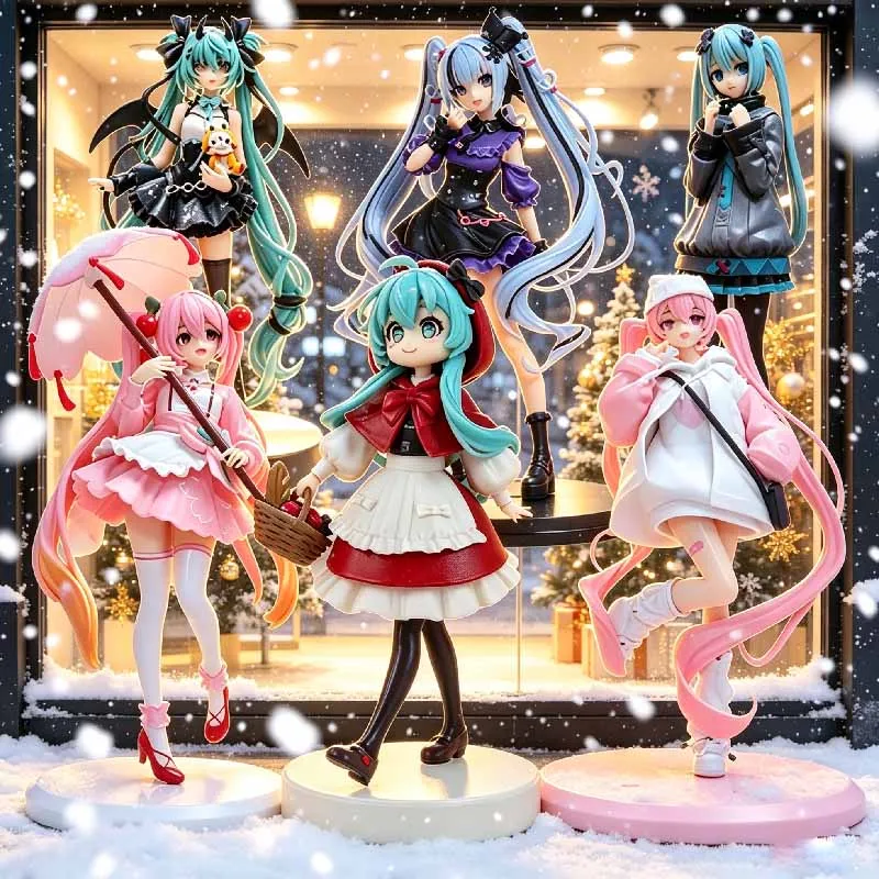 Hot Anime Hatsune Miku Pink Cherry Blossom Umbrella Little Devil Figure Series Handmade PVC Model Ornaments Toys Christmas Gifts