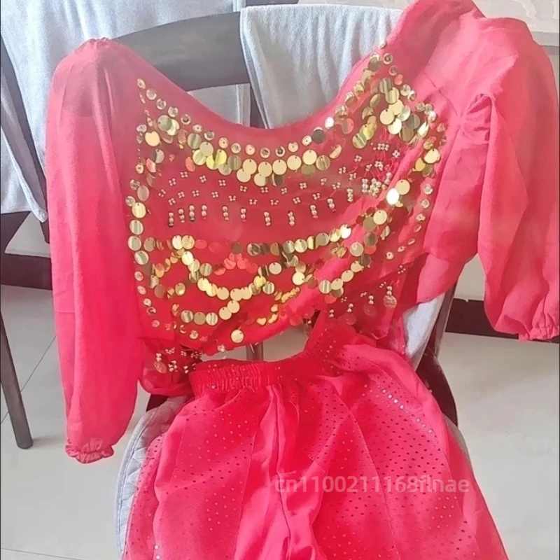 Arabische prinses kostuumset, dames top met lovertjes + broek kostuumset, dames oosterse Indiase dans volwassen glanzende buikdansset