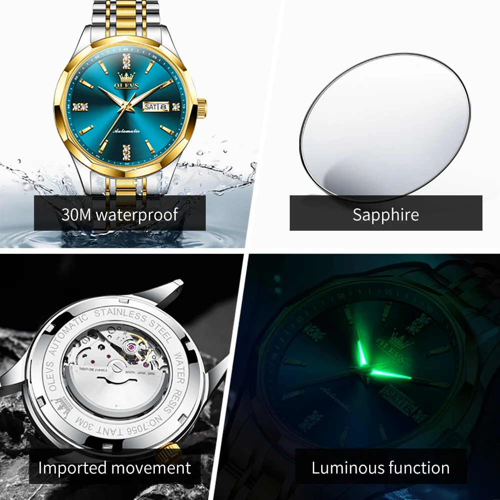 OLEVS 7056 Mens Watch Luxury Original Business Automatic Mechanical Watch Waterproof Luminous Double calendar brand Reloj