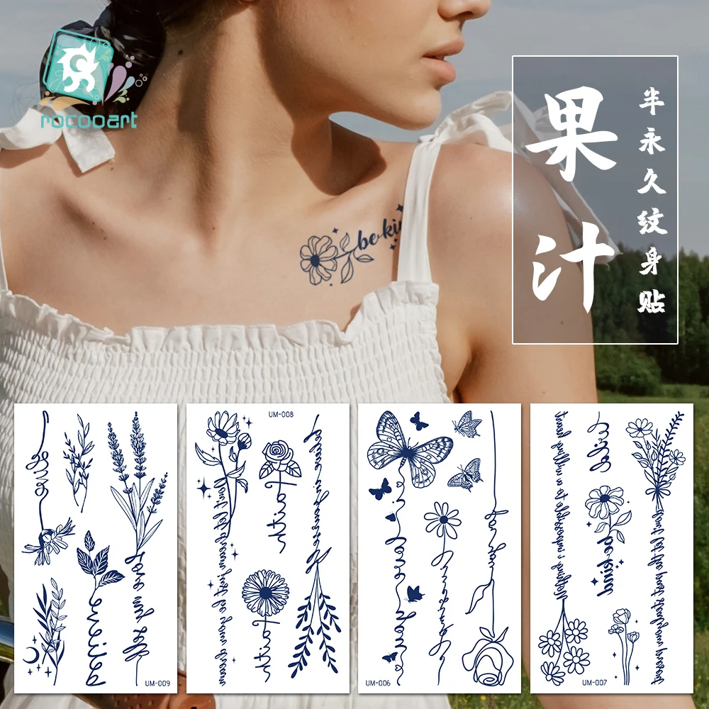 Juice Tattoo Sexy Waterproof Temporary Tattoo Flower Letters on Hand Arm Waist Herbal Tattoo Stickers Fake Tattoos for Men Women