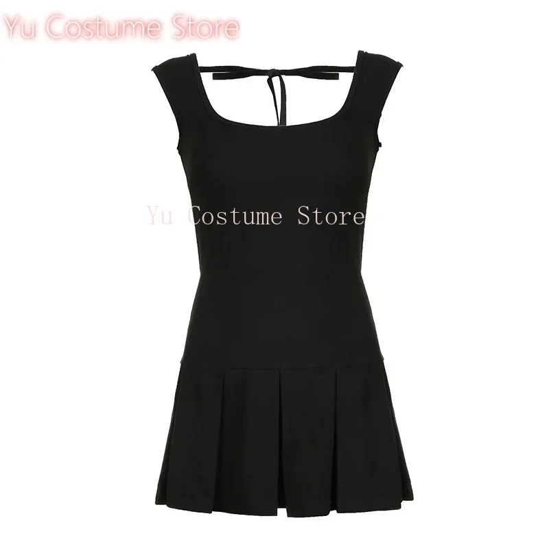 

2025 Lace-up Backless A-line Dress Solid Black Hollow Out Short Sleeve Summer Party Mini Dresses for Women y2k Vintage Clothes