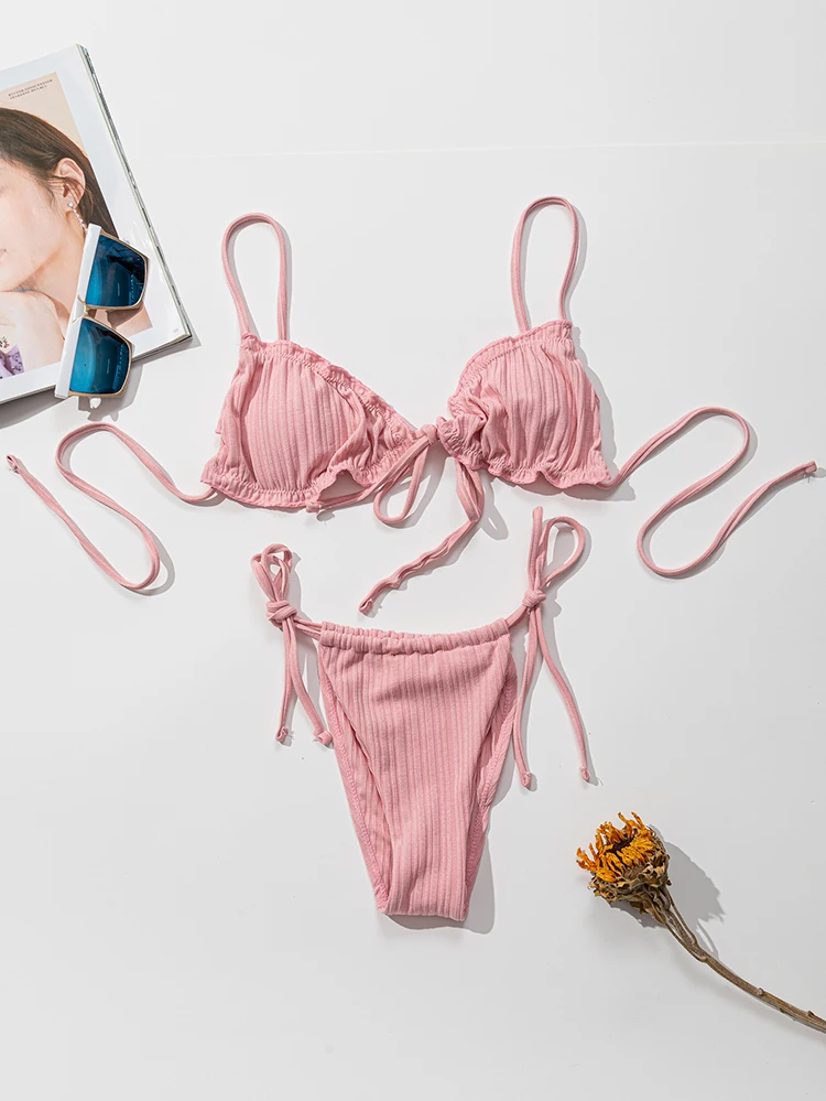 New 2025 Sexy Swimsuit Pit stripe Bikini Women Swimwear  Bathing Suits Push Up Biquinis Bandage Beachwear Solid Bikini Sets