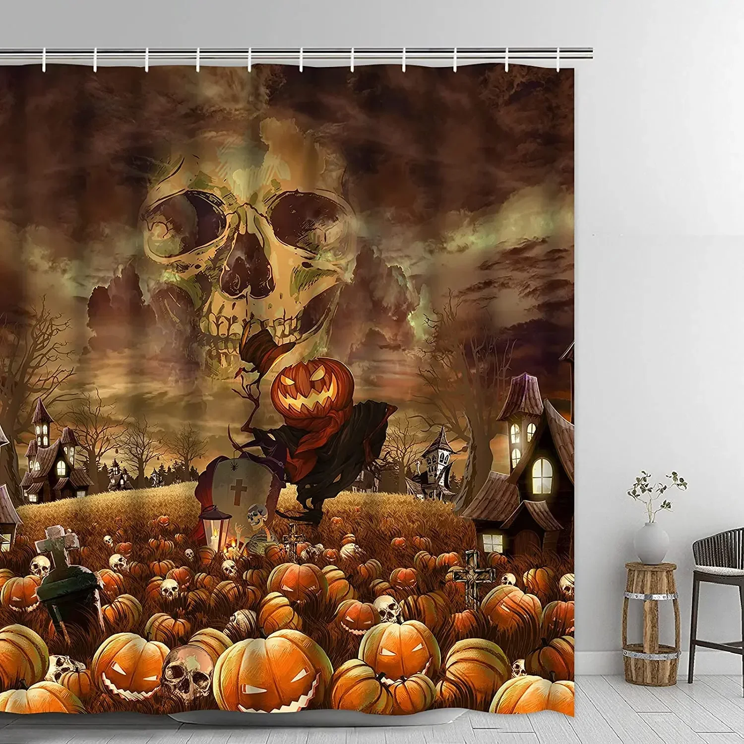 Halloween Skeleton Pumpkin By Ho Me Lili Shower Curtain For Bathroom Tombstone Skull With Hooks Waterproof Home Decoration