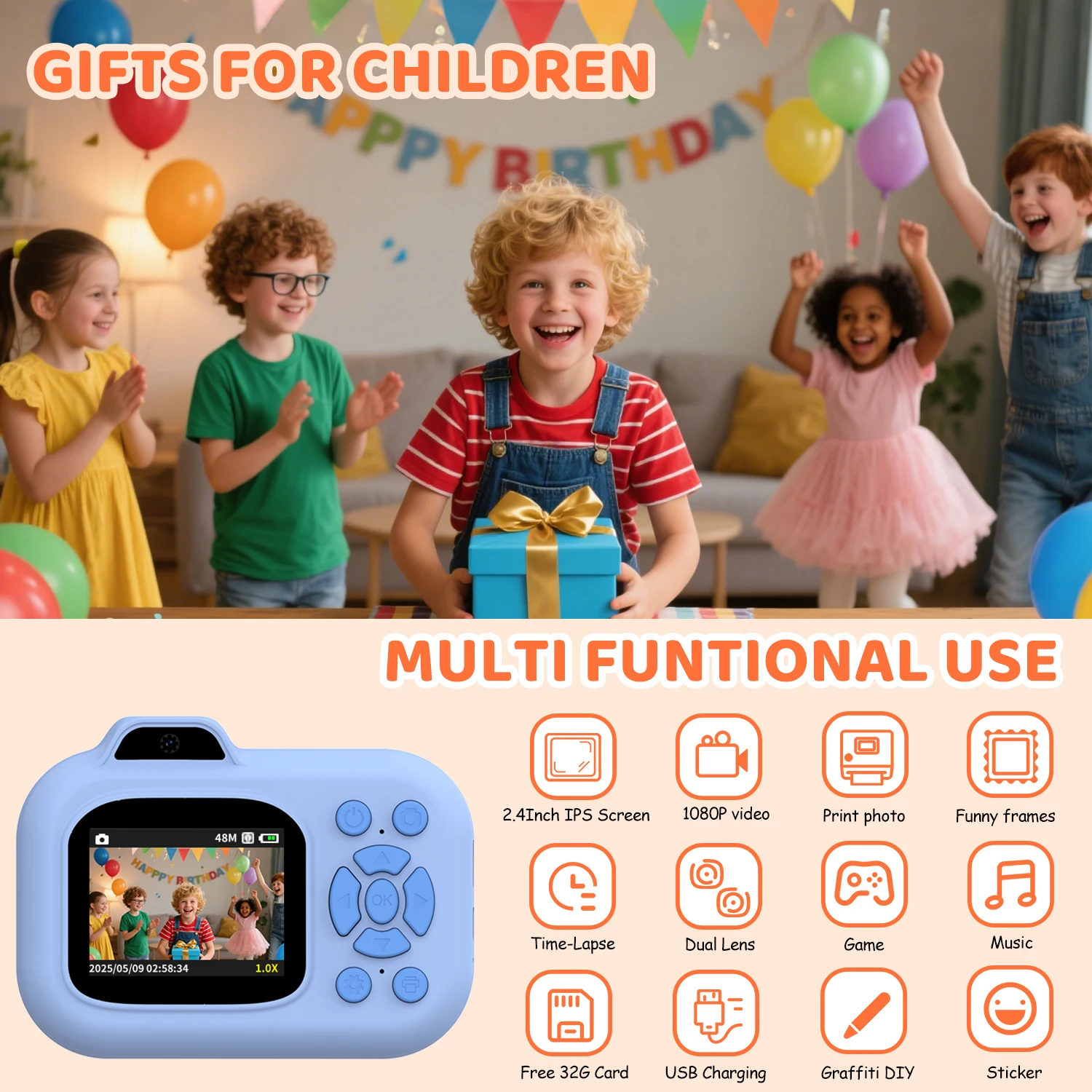 子供用インスタントプリントカメラ デュアルレンズ 1080P HDビデオ録画 写真 サーマルプリント デジタルカメラ 32GBカード付き クリスマスプレゼント おもちゃ