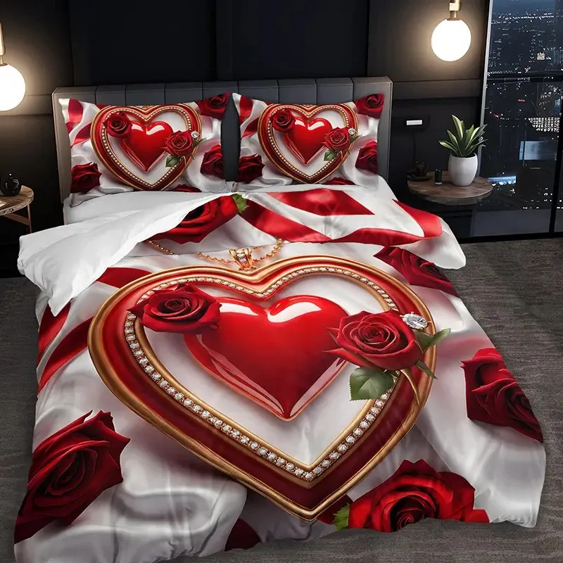 Love Heart Duvet Cover Geometric Love Pattern Bedding Set Full Queen Size Romantic Comforter Cover Valentine'S Day Bedroom Decor