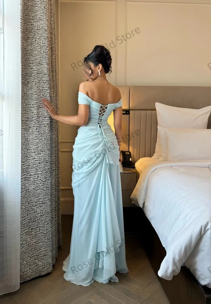 Vestidos de Noche de sirena azul claro para mujer, Vestido de Noche sin mangas de gasa con hombros descubiertos, vestidos de graduación plisados personalizados