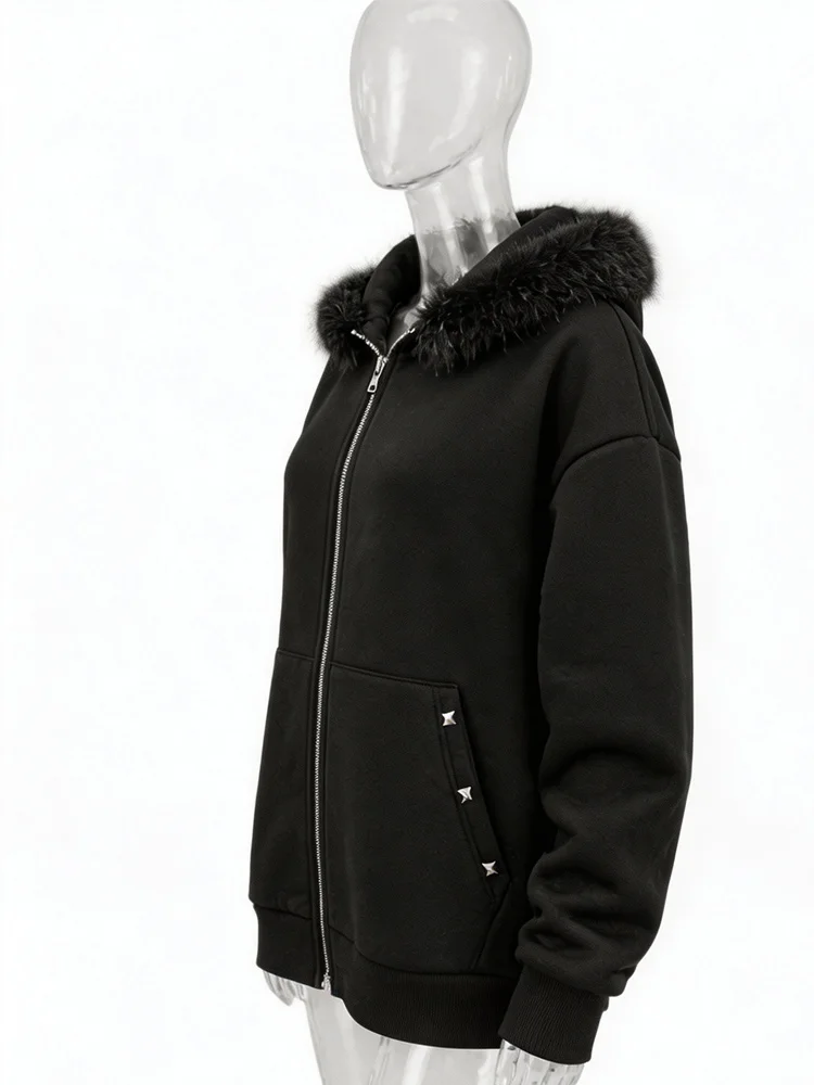 Women Oversized Zip Up Aesthetics Hoodie Winter Faux Fur Hooded Sweatshirt Y2K Streetwear Casual Warm Hoodie gallery 4